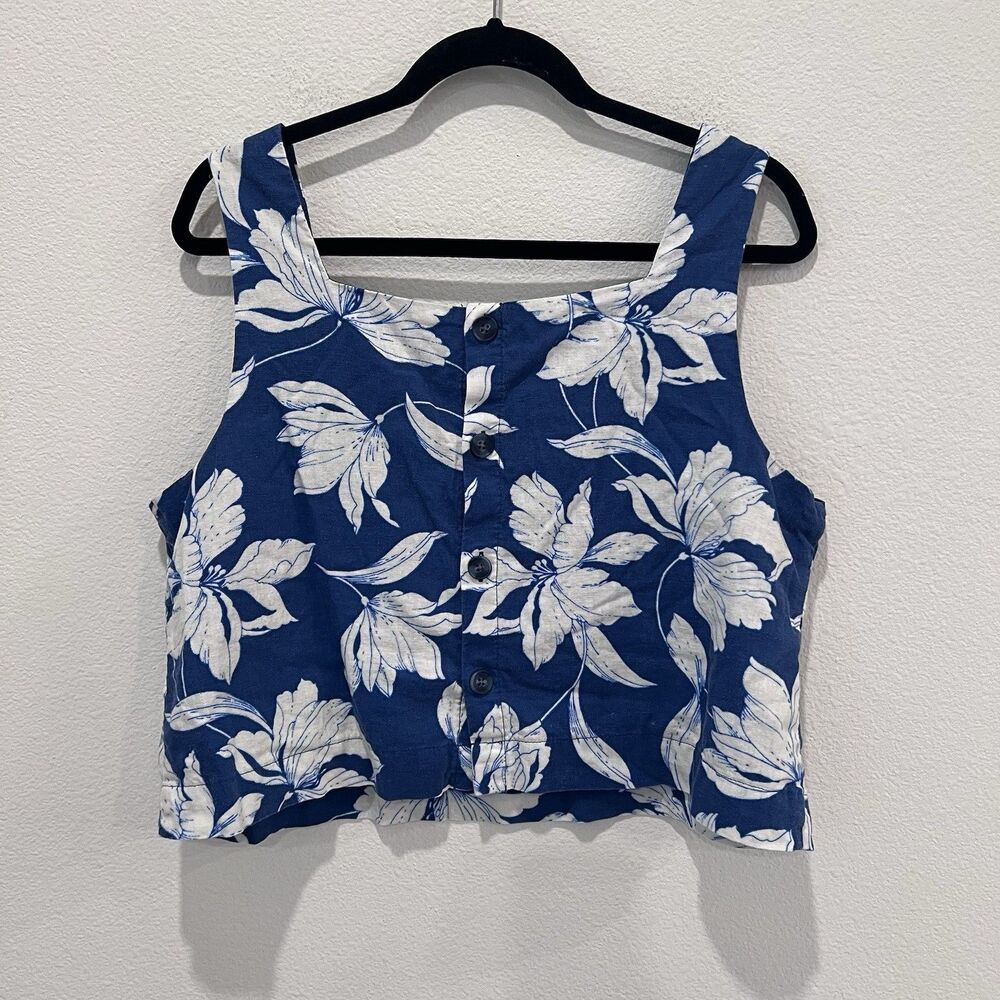 Gap Women's Floral Print Linen-Blend Button-Back Cropped Tank Top Size Large - Picture 5 of 7